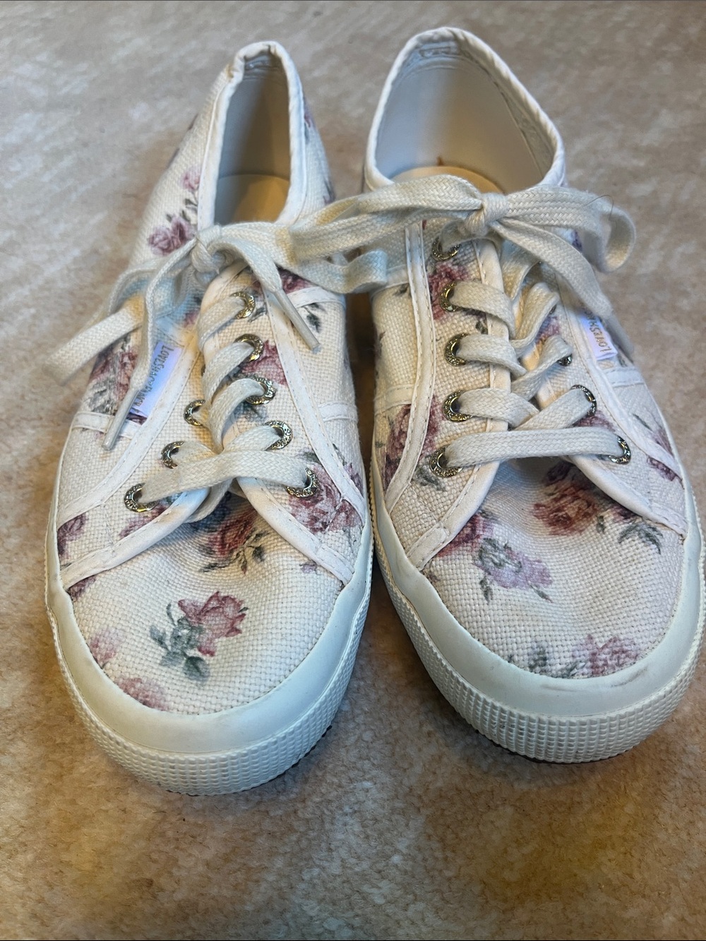 Superga / Love Shack Fancy - White Canvas Sneakers with Pink Rose Print